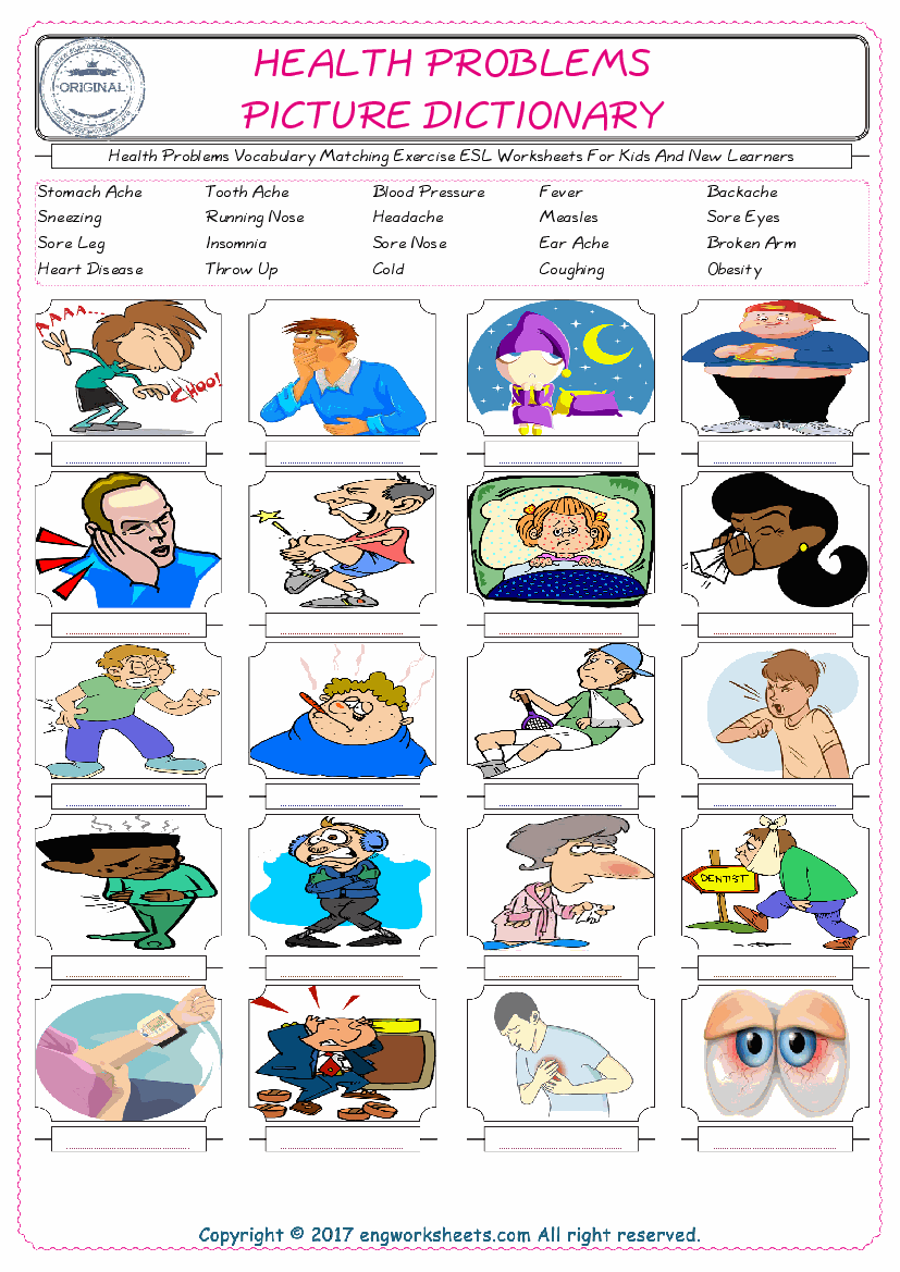  Health Problems for Kids ESL Word Matching English Exercise Worksheet. 